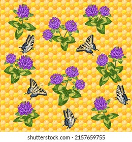 Clover and butterflies on honeycombs.Vector pattern of honeycombs, clover flowers and butterflies.