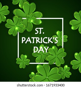 Clover card with white frame for St Patricks day, vector art illustration.