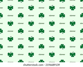 Clover cartoon character seamless pattern on green background. Pixel style