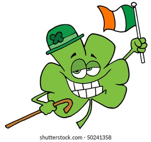 Clover Character Wearing A Green Hat, Holding A Cane And A Flag