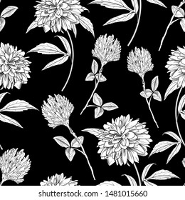 Clover and chrysanthemum flowers of rudbecia on a seamless black and white background. Drawing herbs. Decorative cards, Wallpapers, textiles, dresses, holidays: Birthday, wedding, summer sale