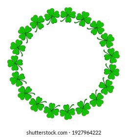 Clover circle frame. Vector design with four leaf shamrock. Holiday saint patrick day background template. 