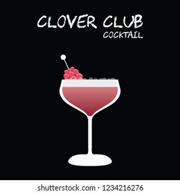 Clover Club cocktail illustration vector with raspberry garnish on square black background.
