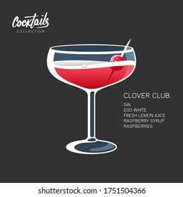 Clover Club cocktail, low-alcohol drink. Gin, lemon juice, raspberry and egg. Vector illustration on black background