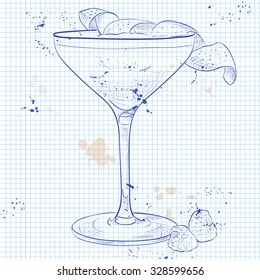 Clover Club Cocktail on a notebook page. Gin, lemon juice or lime, grenadine and egg white
