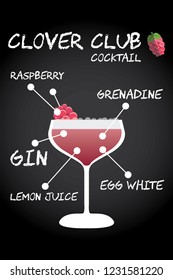 Clover Club cocktail recipe illustration vector with raspberry garnish.