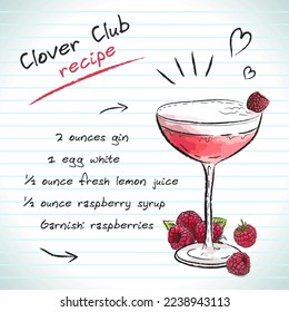 Clover Club cocktail, vector sketch hand drawn illustration, fresh summer alcoholic drink with recipe and fruits	
