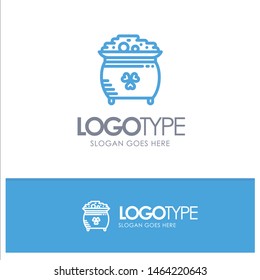 Clover, Coin, Gold, Pot, St. Patrick Blue Outline Logo Place for Tagline. Vector Icon Template background