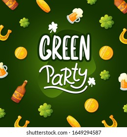 Clover coins and Irish drinks with party ad text. Saint Patrick's Day vector holiday background design.