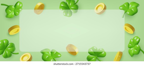 Trébol y monedas de fondo verde claro en estilo realista lindo 3d con marco de vidrio para texto. Día de San Patricio y diseño de Anuncio Horizontal de casino. Ilustración vectorial.