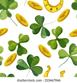 Clover and coins pattern. Watercolor. Vector illustration