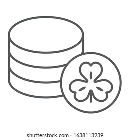Clover coins thin line icon, st patrick's day and holiday, clover golden coins sign, vector graphics, a linear pattern on a white background, eps 10
