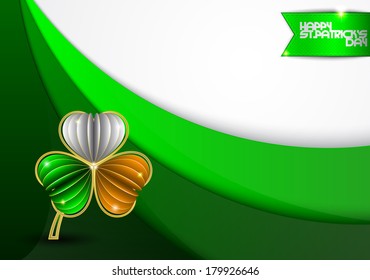 Clover in the color of the Irish flag with gold on a green background with an inscription Happy St. Patrick's Day
