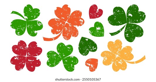 Trébol colorido icono grunge, conjunto de hojas de trébol. Elemento del día de San Patricio. Colección de tiza floral. Diseño irlandés de textura de carbón. Planta de pastel de la naturaleza afortunada. Ilustración vectorial Abstractas de la naturaleza