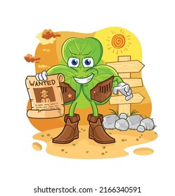 the clover cowboy with wanted paper. cartoon mascot vector