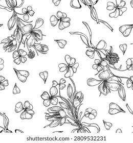Clover and crocus bunch tied bow black white vector seamless pattern. First spring flowers linear monochrome background. Shamrock design print for St. Patrick Day. Decorative four leaf repeat.