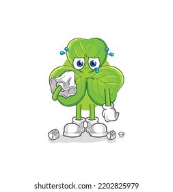 The Clover Cry With A Tissue. Cartoon Mascot Vector