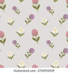 Trevo e margaridas flores padrão sem costura, fundo floral de prado selvagem, desenhado à mão ilustração vetorial