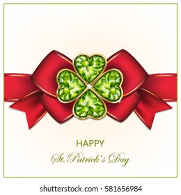 Clover. Diamond brooch in the form of clover and red bow on a white background. St.Patrick 's Day. Vector illustration.