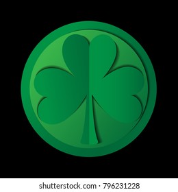 Clover Emblem for Saint Patrick's Day Card. Vector Illustration. Trendy Paper Cut Style. Beautiful Holiday Greeting Decorative Design.