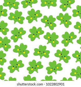 Clover, emoticons or emoji. Characters for St. Patricks day. Seamless pattern. Vector