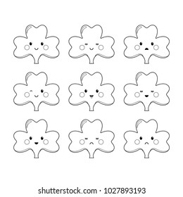 Clover, emoticons or emoji. Characters for St. Patricks day. Black and white illustration for coloring. Digital stamps.