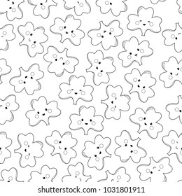Clover, emoticons, emoji. Characters St. Patricks day. Seamless pattern for coloring book. Black and white illustration.