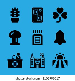 clover, explosion, bell, building, news reporter, cactus, speaker, field and medicine vector icon. Simple icons set
