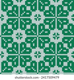 Der Clover-Fair-Delek-Jacquard strickte nahtlos Muster. Grün-weißer Hintergrund. Vektorgrafik.