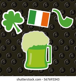 Clover, flag, pipe and beer on coins