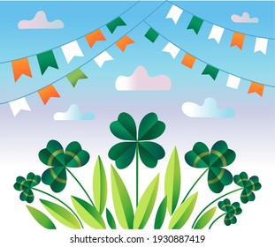 Clover and flags of the color of the Irish flag against the spring sky. Card, flyer, banner and other to celebrate St. Patrick's Day.