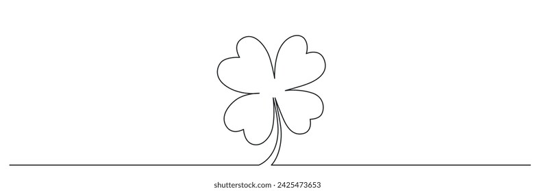 Banner de flores de trébol para el día de San Patricio - símbolo de la buena suerte, una sola línea. Ilustración de minimalismo de stock de vectores aislada sobre fondo blanco para invitación de plantilla de diseño. Trazo editable. EPS10