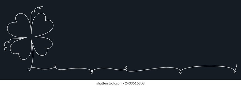 Clover flower banner for Saint Patrick day - good lucky symbol, single line. Vector stock minimalism illustration isolated on black background for design template invitation frame. Editable stroke.