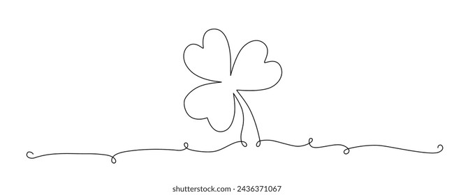 Clover flower banner for Saint Patrick day - good lucky symbol, single line. Vector stock minimalism illustration isolated on white background for design template invitation. Editable stroke. EPS10