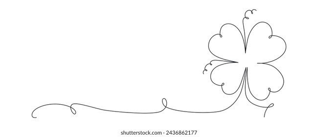 Clover flower banner for Saint Patrick day - good lucky symbol, single line. Vector stock minimalism illustration isolated on white background for design template invitation. Editable stroke. EPS10