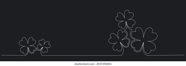 Clover flower banner for Saint Patrick day - good lucky symbol, single line. Vector stock minimalism illustration isolated on black background for design template invitation. Editable stroke. EPS10
