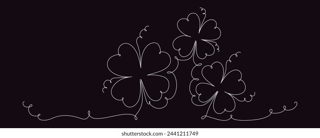 Clover flower banner for Saint Patrick day - good lucky symbol, single line. Vector stock minimalism illustration isolated on black background for design template invitation. Editable stroke. EPS10