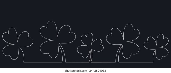 Clover flower banner for Saint Patrick day - good lucky symbol, single line. Vector stock minimalism illustration isolated on black background for design template invitation. Editable stroke. EPS10