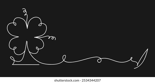 Clover flower banner for Saint Patrick day - good lucky symbol, single line. Vector stock minimalism illustration isolated on black background for design template invitation