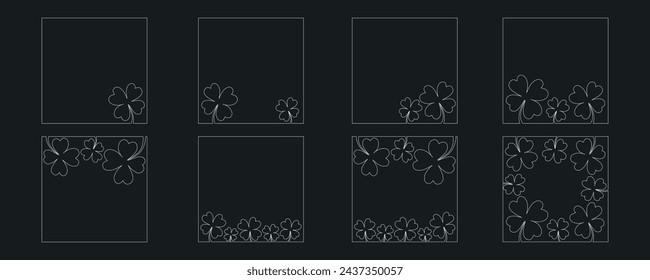 Clover flower frame for Saint Patrick day - good lucky symbol, single line. Vector stock minimalism illustration isolated on black background for design template social media. Editable stroke. EPS10