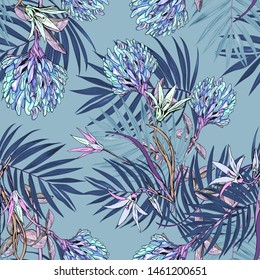 Clover flowers and bells in seamless summer background. Realistic drawing of meadow grasses. Greeting card, cosmetics label, textile background, holidays: Birthday, wedding, summer
