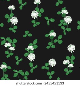 Clover flowers and leaves on a black background. Seamless vector illustration. For decorating textiles and packaging.