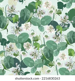Clover flowers and leaves on a delicate background. Seamless vector pattern for fabric, wrapping paper, wallpaper, scrapbooking. Square repeating tile. Floral meadow ornament. White and green color.