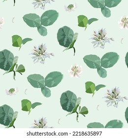 Clover flowers and leaves on a delicate background. Seamless vector pattern for fabric, wrapping paper, wallpaper, scrapbooking. Square repeating tile. Floral meadow ornament. White and green color.