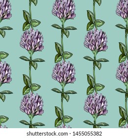 Clover flowers and leaves on a seamless background. Flower wreath, decorative greeting card, banner, textile background, paper, dresses, clothes, holidays: women's day, poster for spring, summer