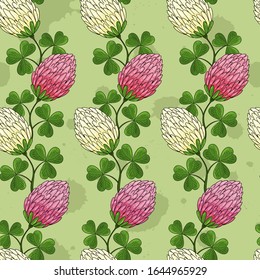 Clover flowers and leaves pattern. Shamrock St. Patricks background. Holiday irish wallpaper. Hand drawn Floral seamless pattern with traditional irish plants on light green texture. Ireland culture.
