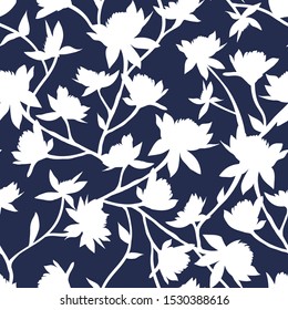 Clover Flowers Seamless Vector Pattern. White Silhouettes on Dark Blue Trendy Color Background. Honey Flowers Surface Texture. Simple Modern Printable Wallpaper Design or Scrapbook Paper Texture