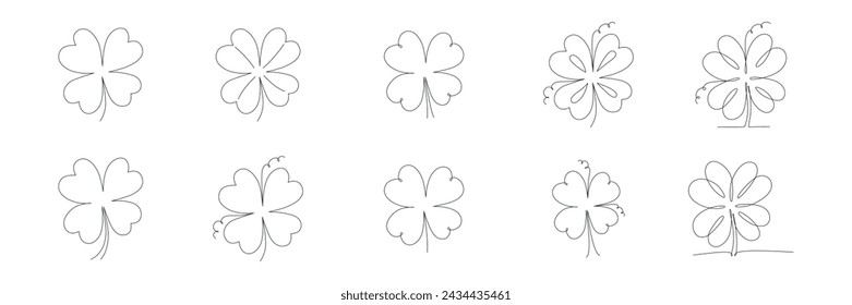 Conjunto de flores de trébol para el día de San Patricio - símbolo de la buena suerte, una sola línea. Ilustración de minimalismo de stock de vectores aislada sobre fondo blanco para invitación de plantilla de diseño. Trazo editable. EPS10