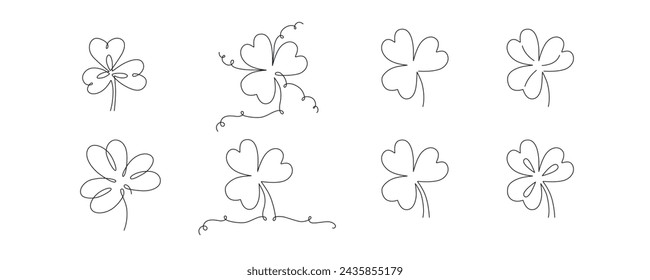 Clover flowers set for Saint Patrick day - good lucky symbol, single line. Vector stock minimalism illustration isolated on white background for design template invitation. Editable stroke. EPS10