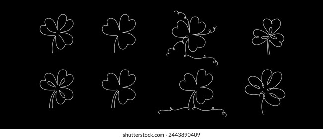 Clover flowers set for Saint Patrick day - good lucky symbol, single line. Vector stock minimalism illustration isolated on black background for design template invitation. Editable stroke. EPS10